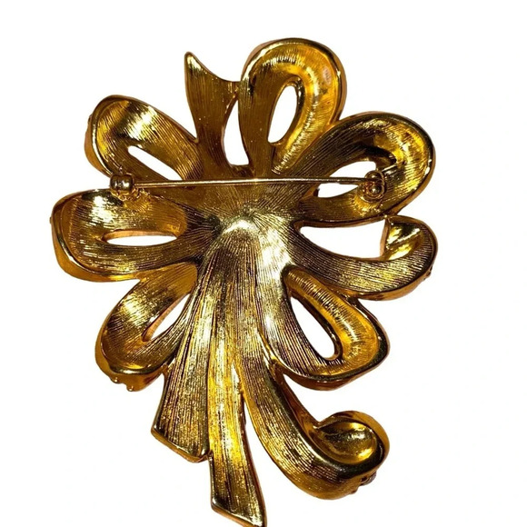 Vintage Large Bow Ribbon Rhinestone Gold Silver Tone Brooch - Picture 4 of 4